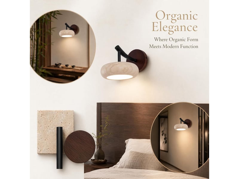  Applique murale pierre jaune travertin lampe murale pierre led lumiere base en noyer lumière chaude  - Conforama C