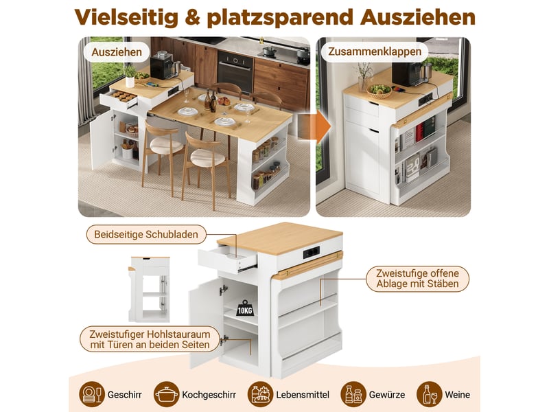  Îlot de cuisine extensible avec multiprise, roulettes et 2 tiroirs - blanc  - Conforama E