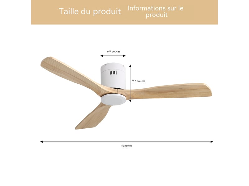  Ventilateur de plafond 132 cm sans lumière, 3 pales en bois massif avec télécommande, moteur dc silencieux 6 vitesses et minuterie  - Conforama E