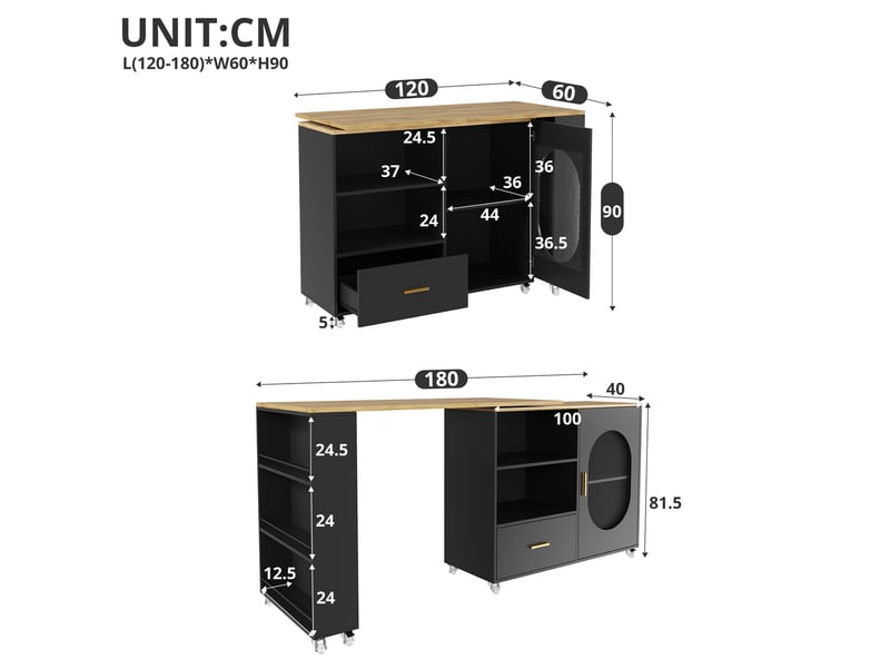  Îlot de cuisine mobile avec plateau pivotant et rangement 120-180 cm evryae  - Conforama E