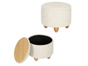 Pouf de rangement rond blanc crème en lin avec plateau en bois, 39x39x33 cm