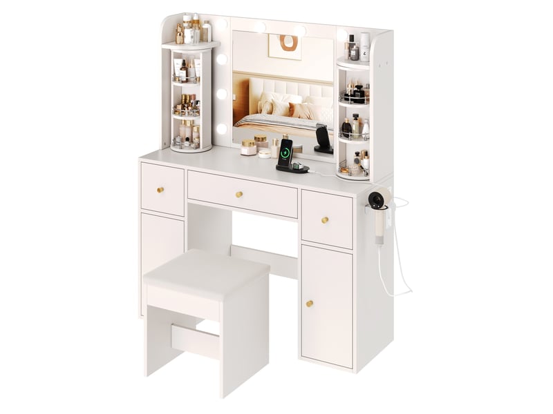  Coiffeuse 115x40x142 cm avec miroir, éclairage led, organiseur bijou rotatif, usb-c, support sèche-cheveux, blanc  - Conforama A