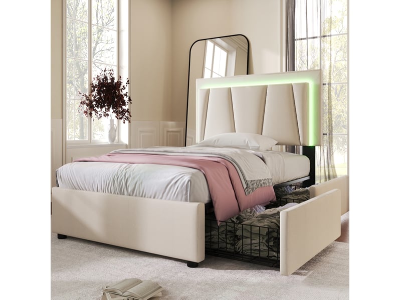  Lit enfant 90x200 cm – beige – led télécommandée, tête de lit réglable et 2 tiroirs, avec matelas  - Conforama B