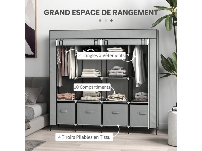  Armoire en tissu gris foncé pliante avec penderie et tringle, meuble de rangement portable, 166x42,5x169,5 cm  - Conforama E