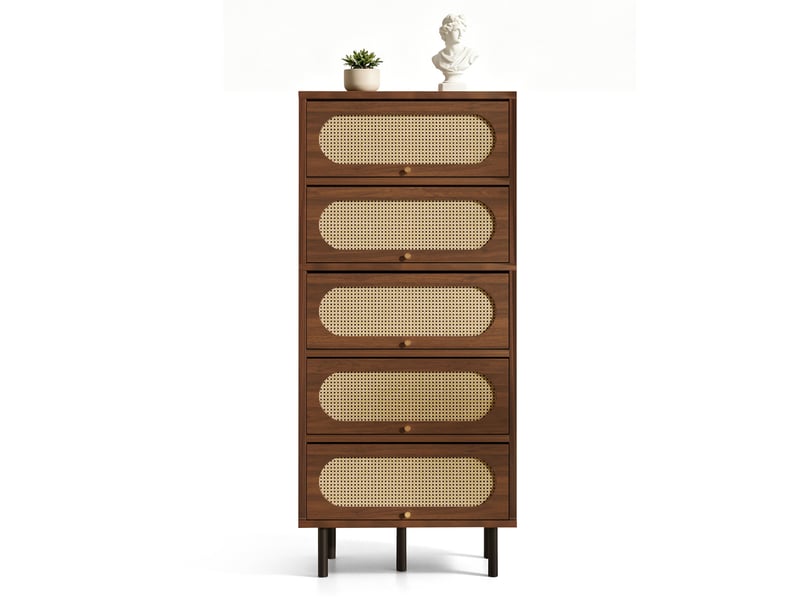 Armoire haute 5 abattants mdf et métal coloris noyer avec rotin 80 x 40 x 163 cm - Conforama A