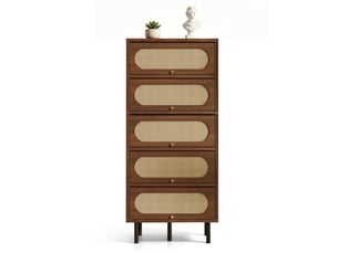 Armoire haute 5 abattants mdf et métal coloris noyer avec rotin 80 x 40 x 163 cm
