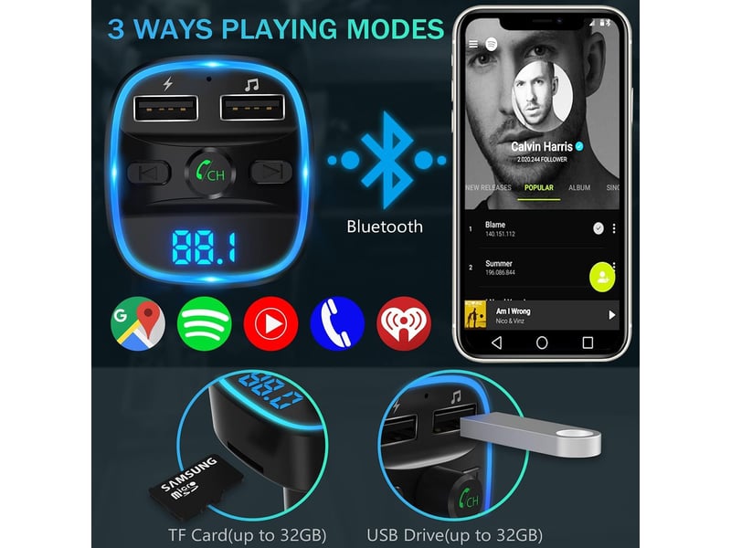  Transmetteur fm bluetooth lecteur mp3 adaptateur radio sans fil kit émetteur fm voiture chargeur  - Conforama E