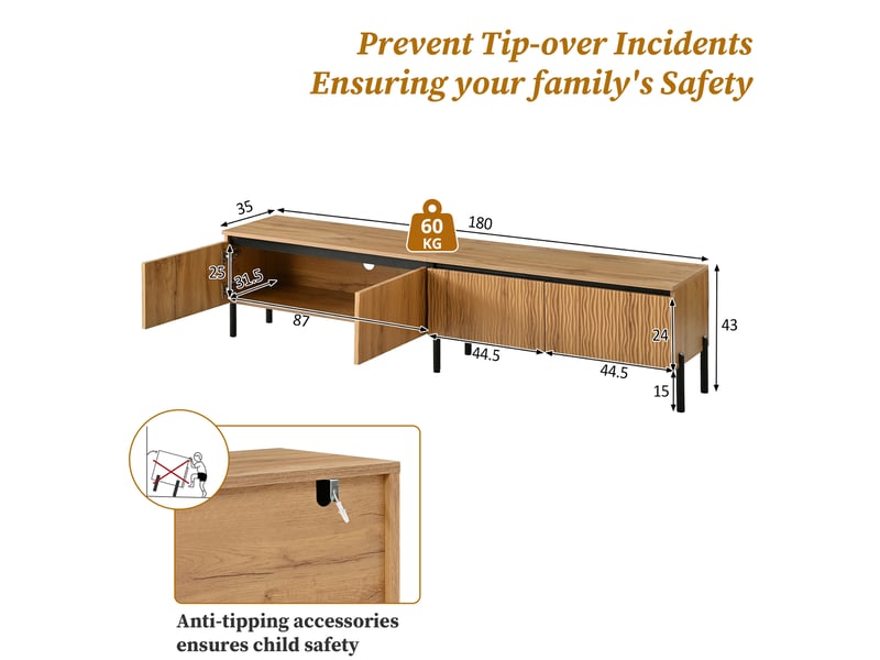 Meuble tv modenvie 180 x 35 x 43 cm à 4 portes ondulées, panneaux de particules et mdf naturel  - Conforama C