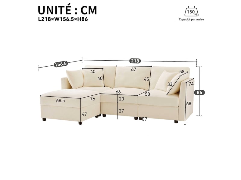 Canapé d'angle en chenille beige convertible 3 à 4 places 218 x 156,5 cm avec pouf mobile - Conforama C