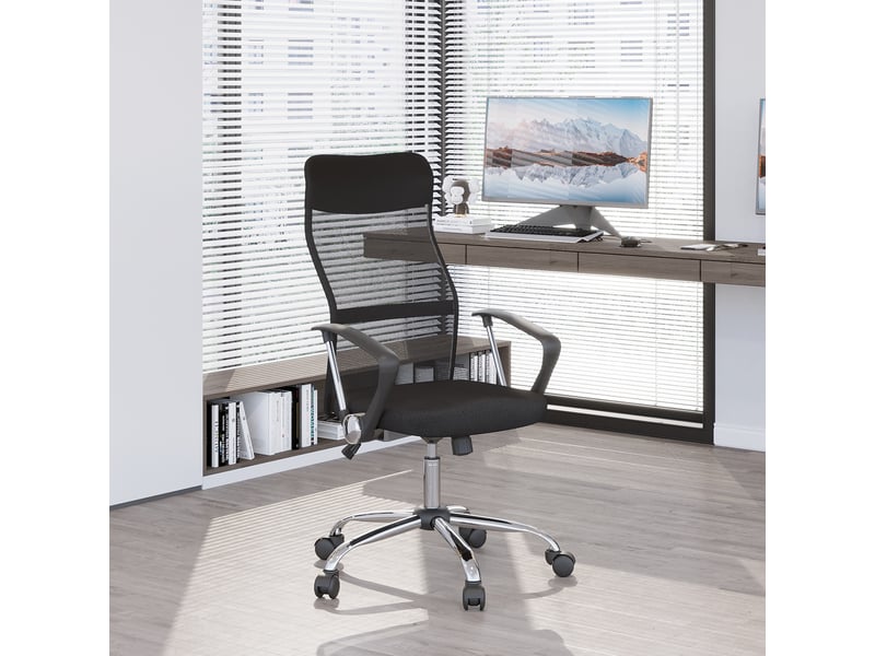  Fauteuil de bureau ergonomique pivotant et à bascule avec roulettes, hauteur réglable et dossier en maille, 63 x 65 x 109-119 cm, noir  - Conforama D
