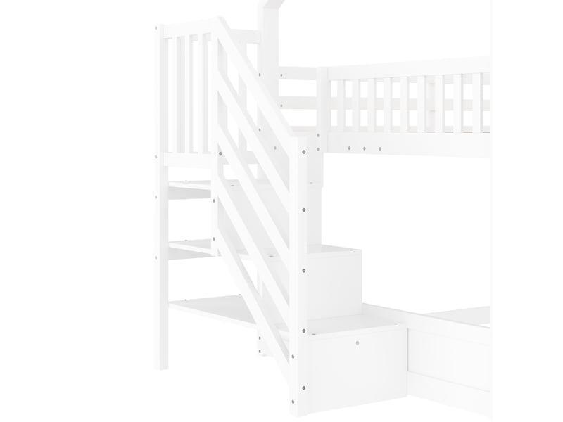  Lit superposé enfant 200×140 cm avec escalier de rangement et toboggan, sans matelas, en pin et mdf blanc et gris  - Conforama E