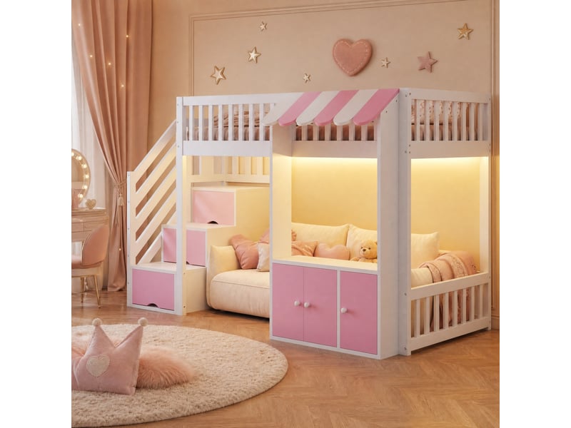  Lit mezzanine enfant simple 90×200 cm avec escalier de rangement et led - okmyhome- rose et blanc, sans matelas  - Conforama B