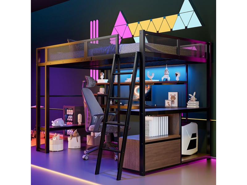 Lit mezzanine 140 x 200 cm, en métal, avec espace de travail intégré, éclairage led et grand espace de rangement, noir. - Conforama C