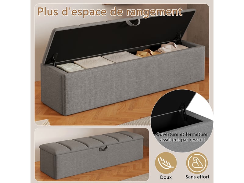  Banc coffre rembourré, 113 × 32 × 36 cm, gris, velours, rangement intégré, assise relevable, mobile, barrière ouvrante  - Conforama D