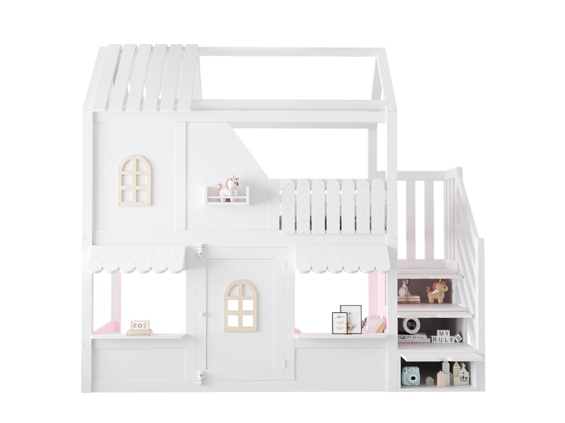 Lit superposé enfant 90x200 cm - en bois avec rangement, échelle et étagères - design maison avec led - blanc - Conforama A