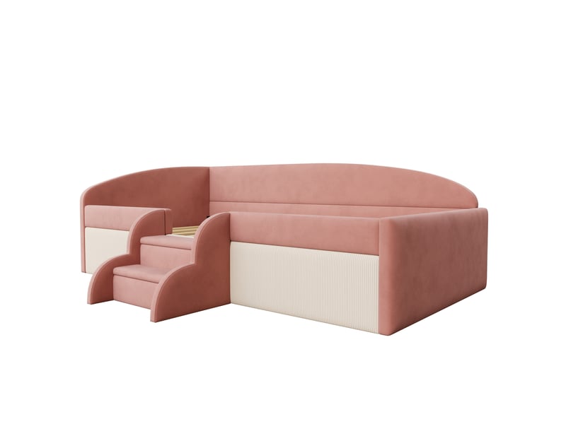  Lit canapé capitonné multifonctionnel 90*190cm, marches et barrières, velours doux, sans matelas, rose et blanc crème  - Conforama E