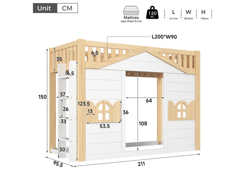  Lit mezzanine enfant modenvie avec espace inférieur, 90 x 200 cm, fenêtre, blanc et bois naturel  - Conforama C