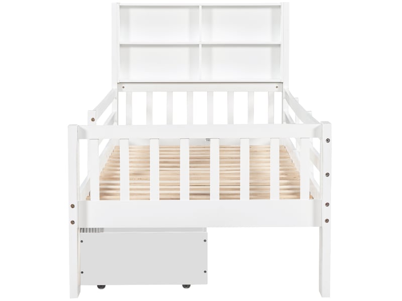 Lit enfant 90x200 cm avec 2 tiroirs - tête de lit avec étagère et tableau noir - barrière de sécurité - bois blanc  - Conforama R