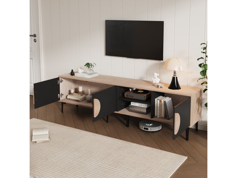  Meuble tv noir en bois 180x35x49 cm, 2 portes, étagères ouvertes, salon, compatible tv jusqu'à 80 pouces  - Conforama D