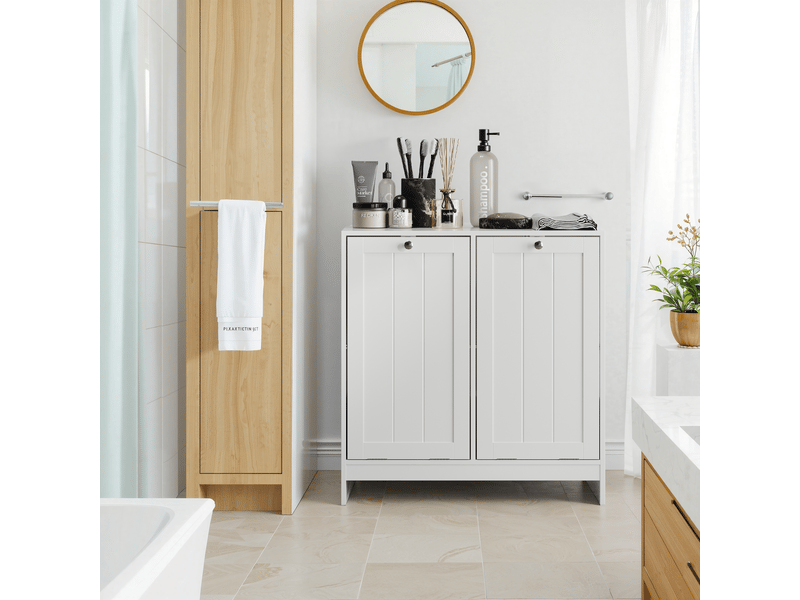  Meuble avec panier à linge 66x33x68 cm, armoire de stockage compacte avec compartiments séparés et poignées intégrées  - Conforama W