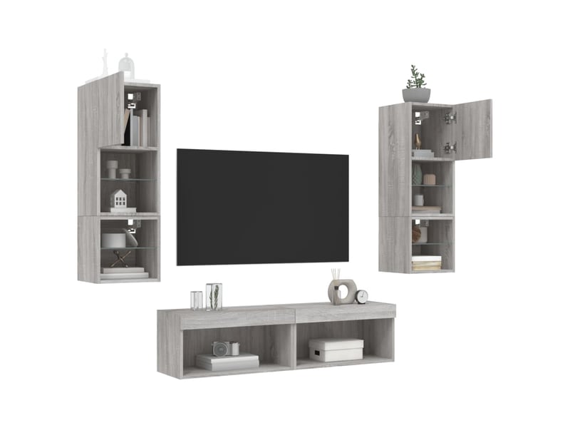  Unités murales tv avec led 6 pcs gris sonoma bois d'ingénierie  - Conforama D