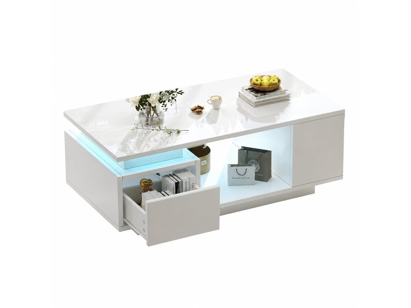  Table basse led blanche avec tiroir, finition brillante, rangements, 100 x 50 x 36 cm, blanc  - Conforama A
