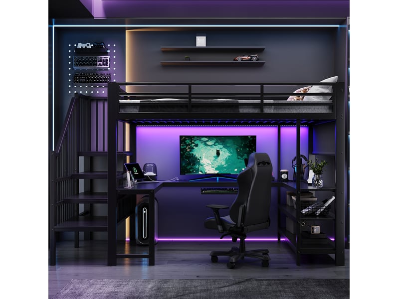  Lit mezzanine 120x200 cm en métal noir avec bureau en u, escalier et led  - Conforama B