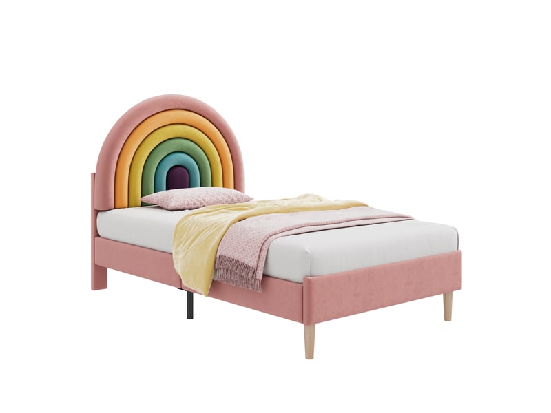  Lit enfant rembourré 90x200 cm avec tête de lit réglable et sommier à lattes, structure bois et velours, rose  - Conforama A