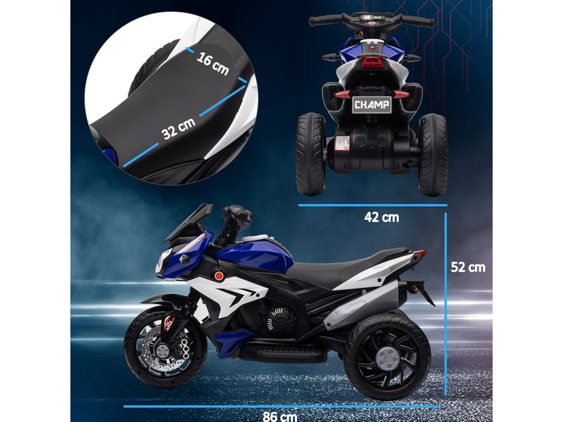 Moto électrique pour enfants à 3 roues, batterie rechargeable 6v, fonctions musicales, klaxon, phares, 86 x 42 x 52 cm, noir et bleu - Conforama E