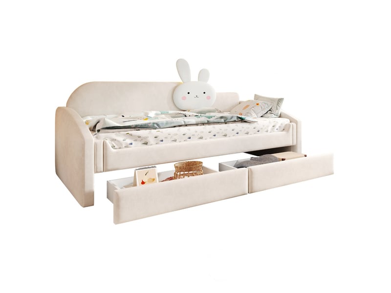 Canapé-lit pour enfant, 90 x 200 cm, avec tiroirs de rangement, éclairage led, dossier avec coussin en forme de lapin, velours, beige  - Conforama A