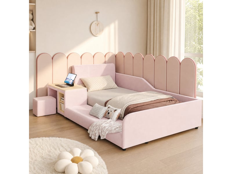  Lit enfant 90x200 cm avec bureau et tabouret, étagère en velours rose  - Conforama C
