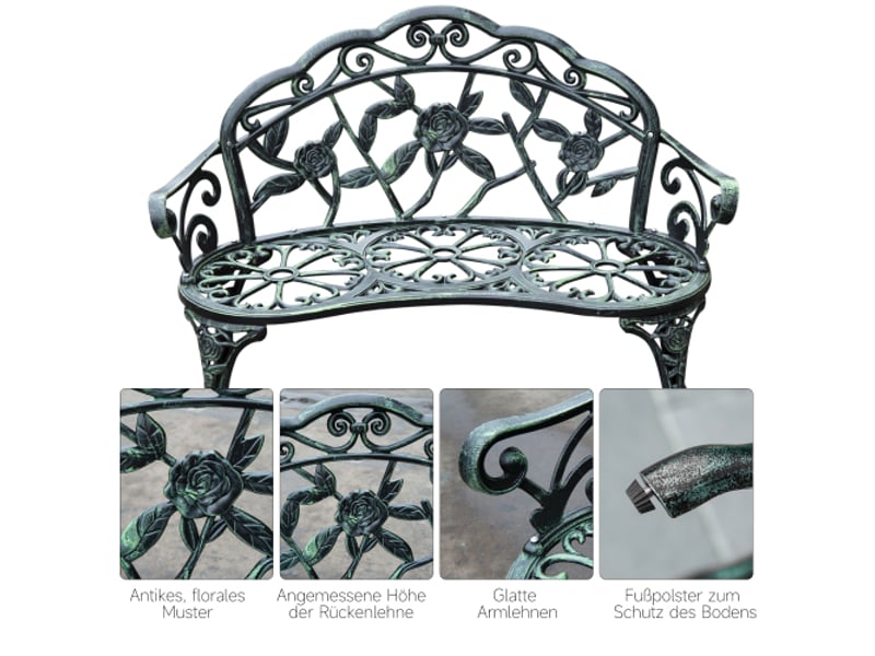  Banc de jardin 2 places en métal, mobilier extérieur, 100x54x78 cm, vert antique  - Conforama E