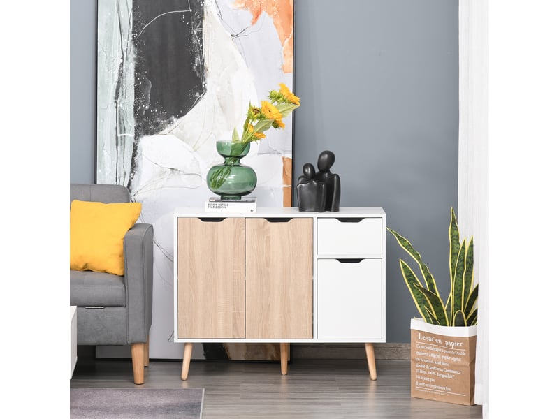  Buffet moderne pour le salon, avec 3 portes et un tiroir, table d'appoint pour le salon, 90 x 30 x 72 cm, blanc et naturel  - Conforama C