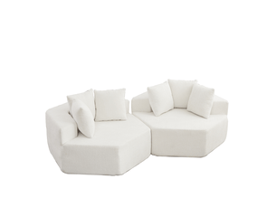 Lot de 2 fauteuils modulables compressés hexagonaux souples, assise 2 places, tissu chenille, beige, design moderne