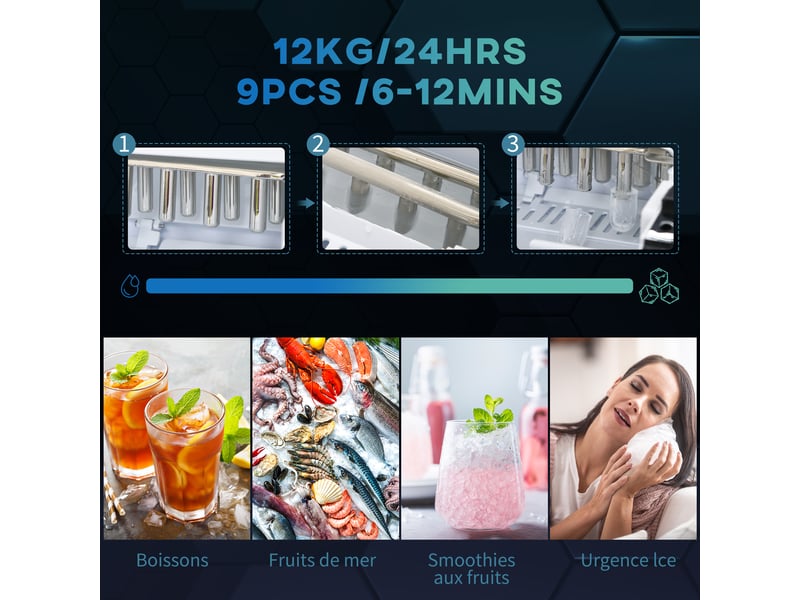 Machine à glaçons réservoir eau 1,7 l capacité réservoir glace 0,9 kg pelle et panier inclus 9 glaçons6-12minutes - Conforama D