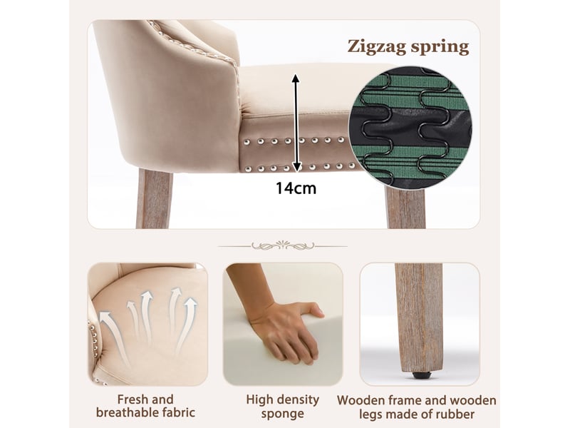  Lot de 4 chaises de salle à manger en velours beige avec clous décoratifs, pieds en bois réglables, dossier anneau  - Conforama W