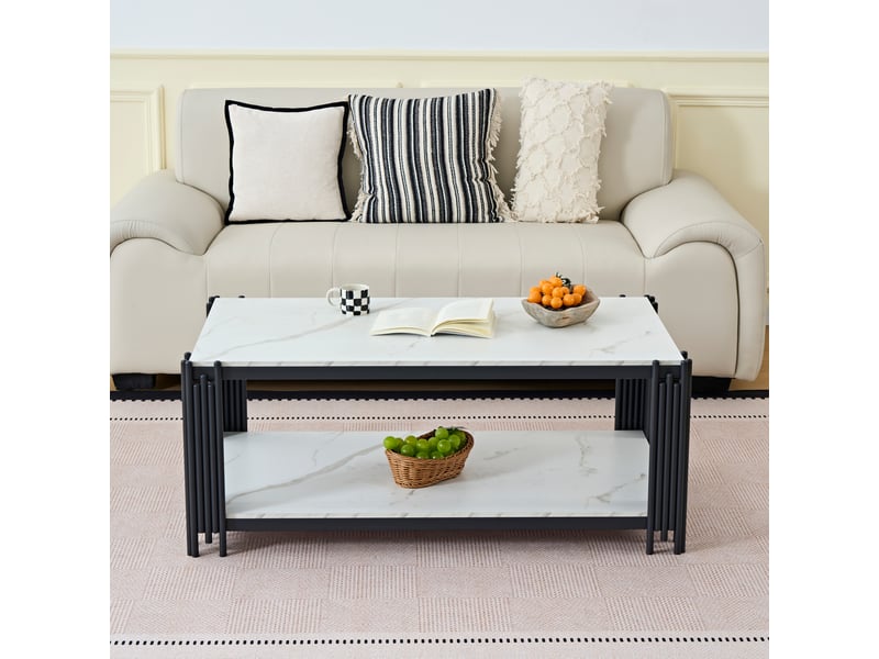  Table basse rectangulaire 114x63,5x46,3 cm 2 niveaux effet marbre blanc et noir  - Conforama E