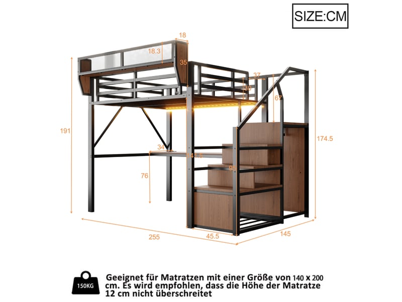 Lit mezzanine 140 x 200 cm en métal avec bureau, led et rangements, noir - Conforama C