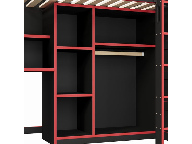  Lit mezzanine gaming 90x200 cm avec bureau, armoire, rangements, led et port usb, noir et rouge  - Conforama D