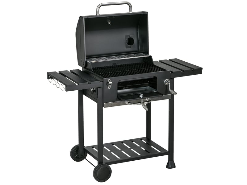  Barbecue fumoir à charbon de bois, avec thermomètre et ouvre-bouteille, 120 x 64 x 114 cm, noir  - Conforama B