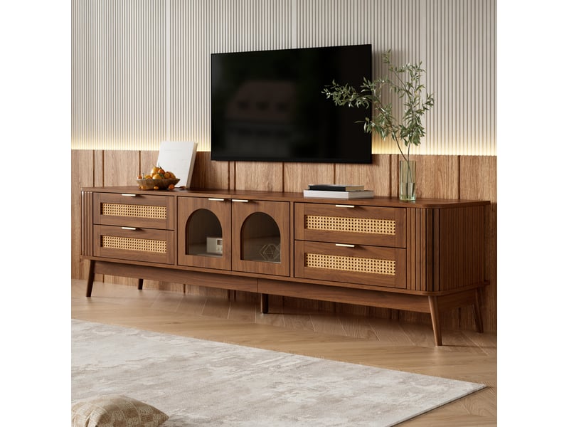  Meuble tv avec 4 tiroirs, 2 portes en verre de sécurité et éclairage led pour salon, noyer, 180 × 40 × 50 cm  - Conforama C