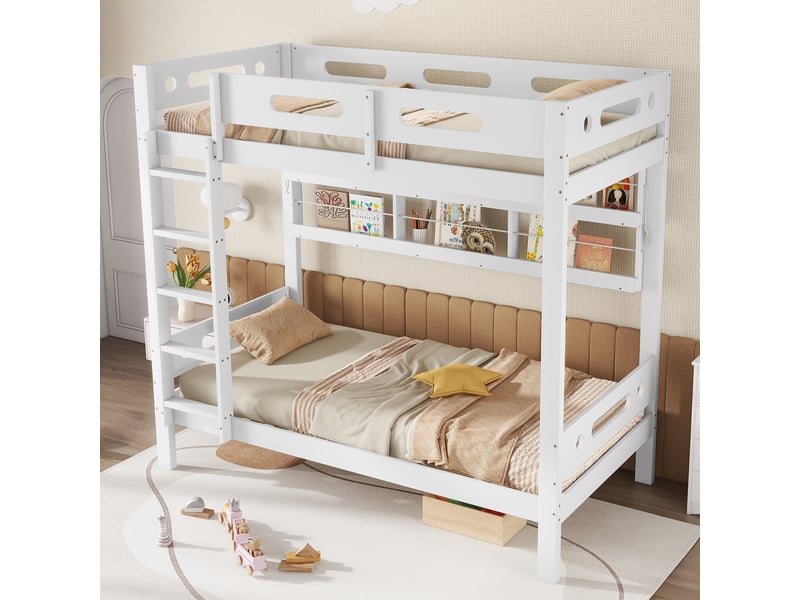  Lit superposé enfant 90x200cm en pin et mdf blanc naturel avec étagère ouverte, échelle 5 marches  - Conforama E