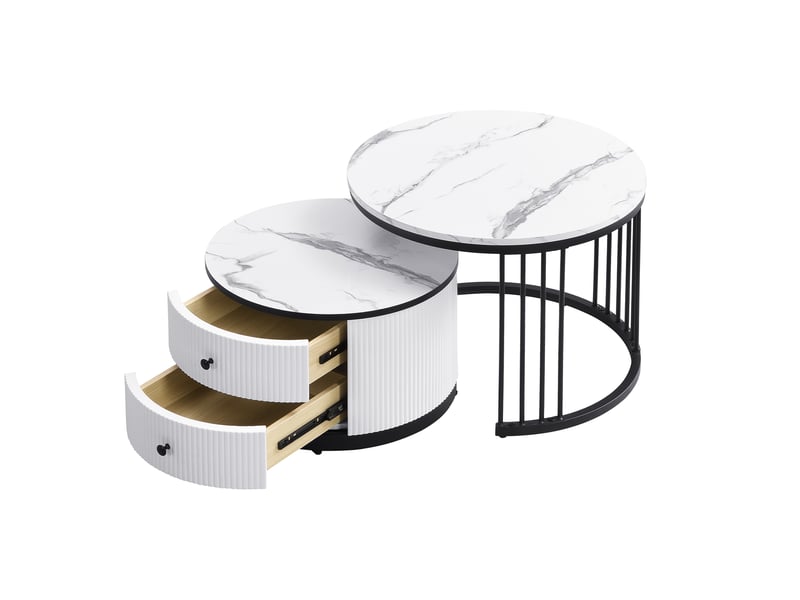  Table basse gigogne effet marbre blanc brillant lot de 2 tables rondes avec tiroirs  - Conforama A