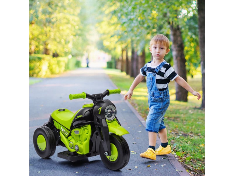  Moto électrique enfants 2-5 ans, 3 roues, 6 v, 3 kmh, avec fonction de bulles, effets lumineux et sonores, vert  - Conforama D