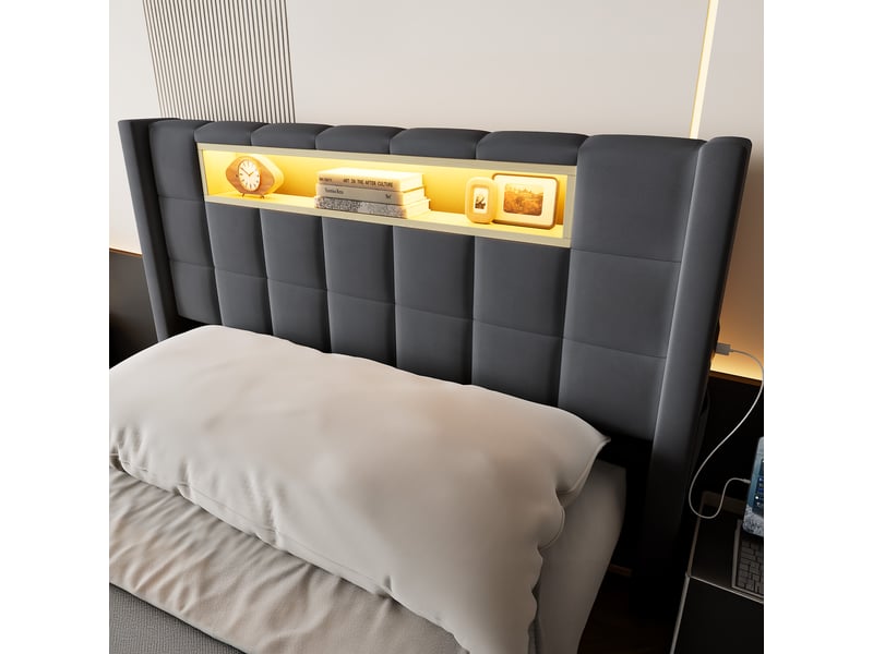  Lit coffre 90x200 cm - avec led, 2 ports usb et 1 port type-c - en velours - gris foncé et gris - sans matelas  - Conforama E