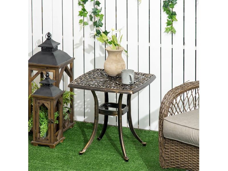 Table d'appoint extérieure 54x54x52,5 cm bronze en aluminium, trou pour parasol et pieds réglables - Conforama B