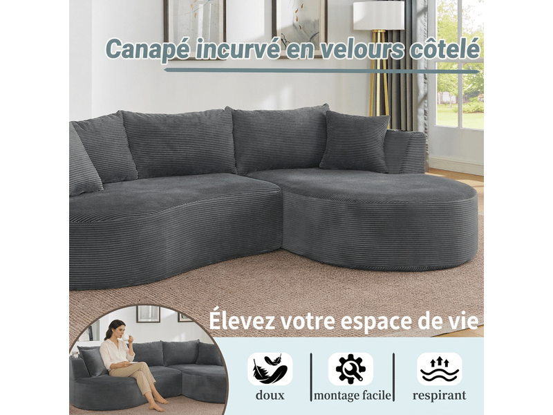  Canapé 3 places avec méridienne droite design courbé, velours côtelé doux, porte-gobelets intégrés  - Conforama E