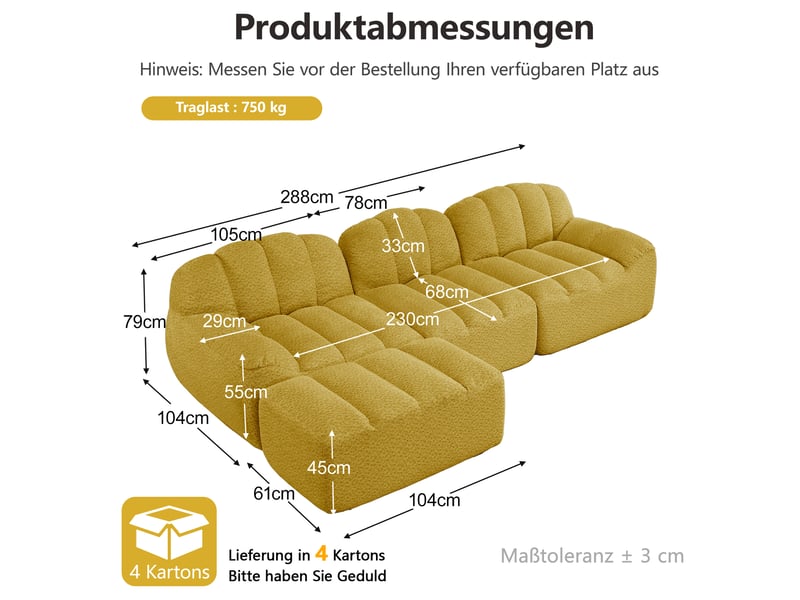  Canapé d’angle coquille 3 places avec pouf jaune – 288 x 165 x 79 cm Fay Lum - Conforama C