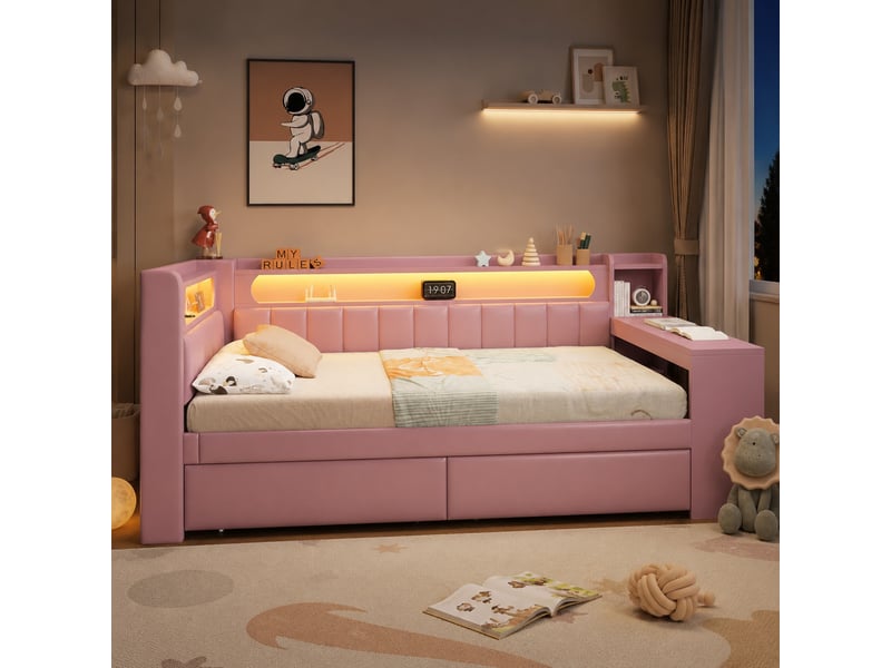  Lit banquette 90x200 cm avec bureau, led, usb et 2 tiroirs - rose  - Conforama B