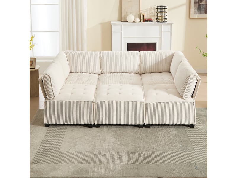  Canapé d’angle modulable 6 places 308x154x81,99 cm, forme u-l et fonction couchage, poches de rangement, structure bois-métal, velours côtelé beige  - Conforama D